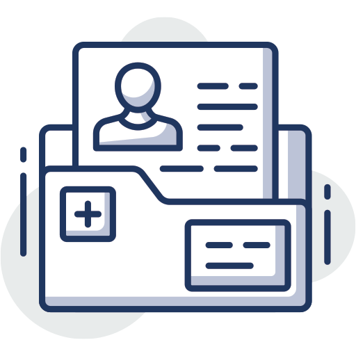 Icon of three stacked papers, with the top sheet displaying lines resembling text, a hospital symbol, and a heart rate (ECG) line.